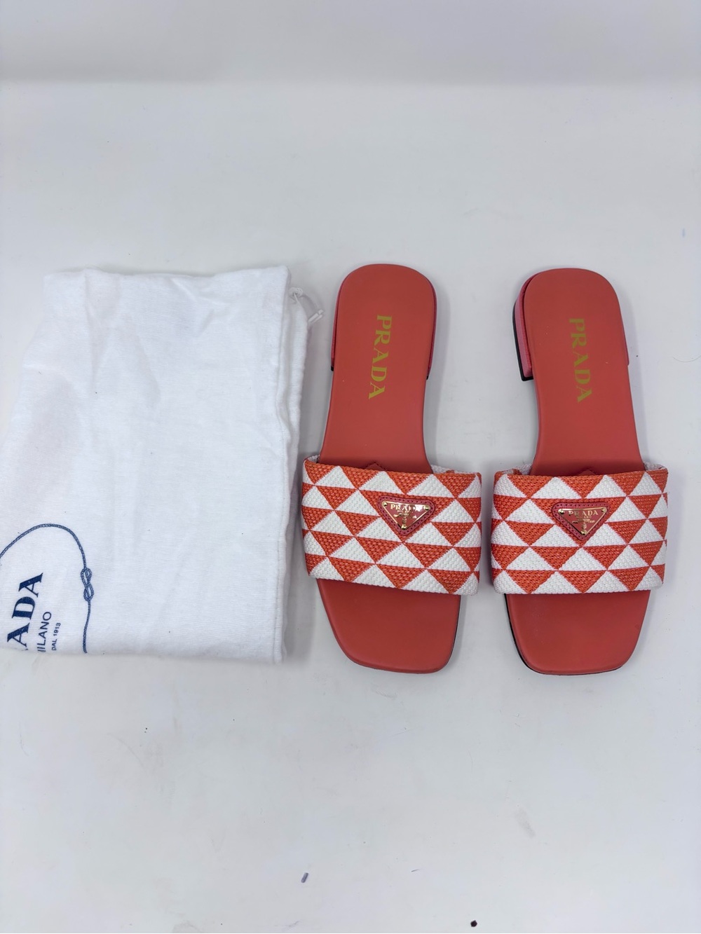 Prada Triangle Logo Slide Mule Orange Leather and Jacquard Canvas size 37 Flat - Picture 2 of 7